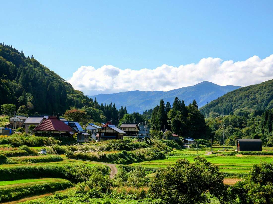 山あいの緑の多い町並み
